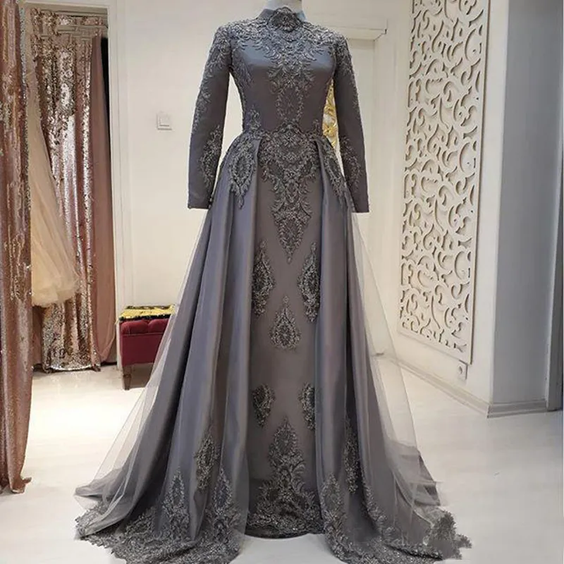 Elegant muslimsk mamma till bruden klänningar höghals långa ärmar grå formella aftonklänningar spetsapplikationer a-line kvinnor vår höst vinter kändis parti prom slitage