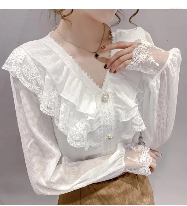 Damskie bluzki eleganckie marszczyzne bluzka swoboda koronkowa vintage szyfonowa moda moda moda V White Beige Białe top damski Blusas Blusas Kobieta