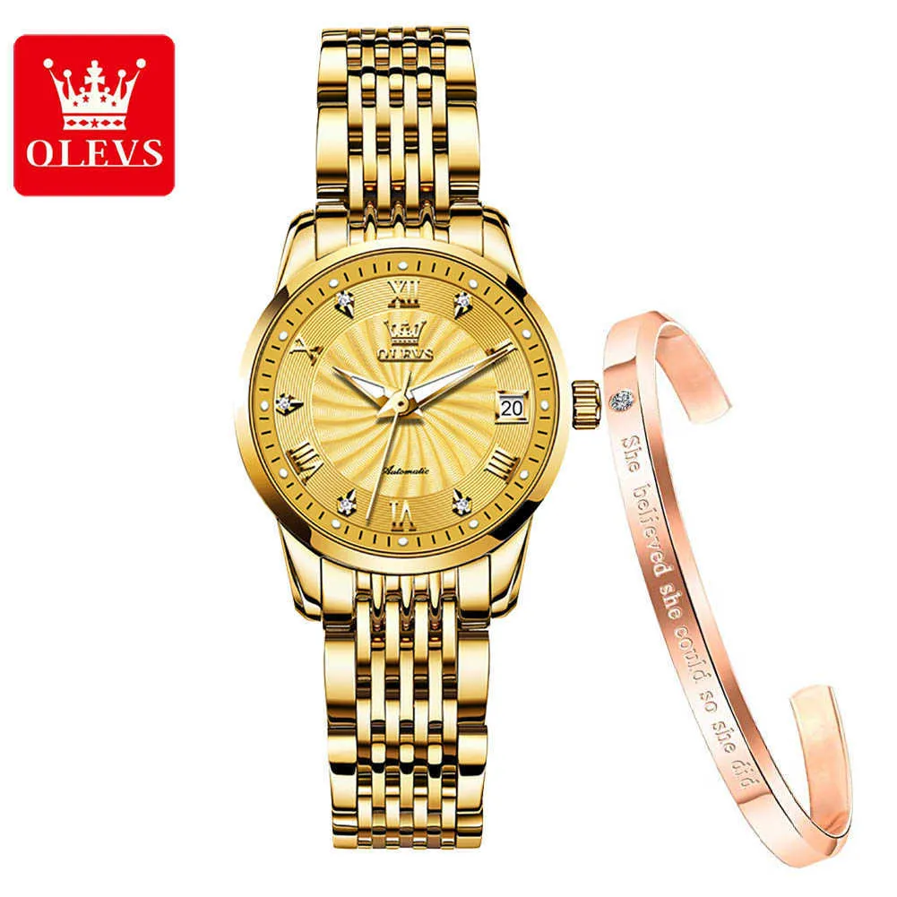 Wristwatches Olevs Automatic Mechanical for Women Luxury Dial Brand Ladies Waterproof Luminous Steel Strap Gold Es 6630