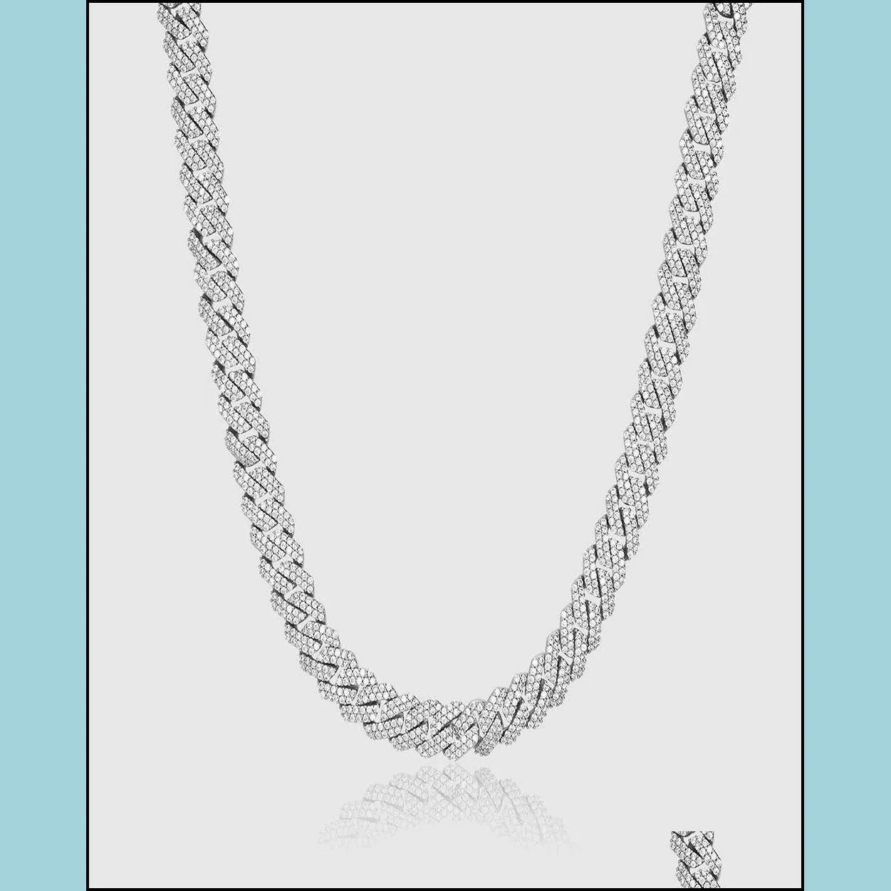 Collana a catena cubana classica da 10 mm con catena a forma di forchetta di diamanti, placcata in oro bianco 14 carati, 2 file di gioielli di moda con zirconi di ghiaccio, pendente cubano da 16 pollici a 24 pollici