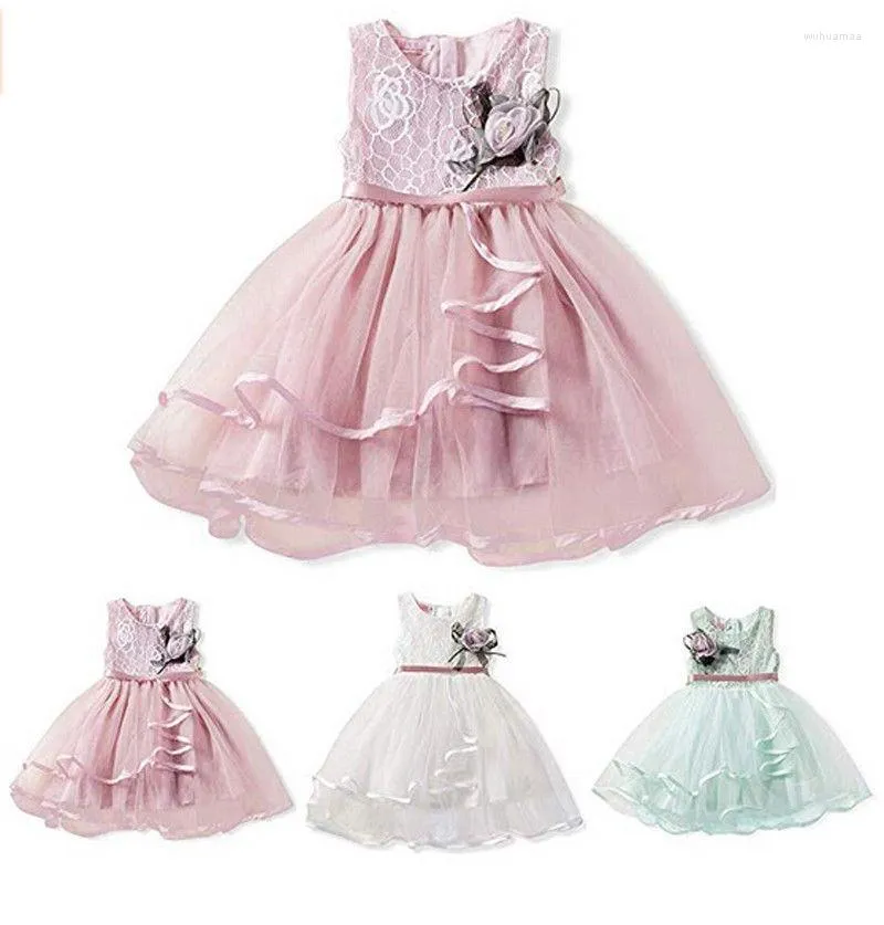 Fille Robes Mignon Princesse Enfants Bébé Rose Fleur Robe Sans Manches Ruban Ceinture Pageant Dentelle Maille Tutu Vert Rose Blanc 6M-5Y