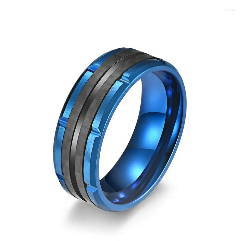 Trouwringen Yoiumit Unieke roestvrijstalen sieraden Ruimte Hatch Design Groove Life Black and Blue Bands Carbon Fiber Ring Heren