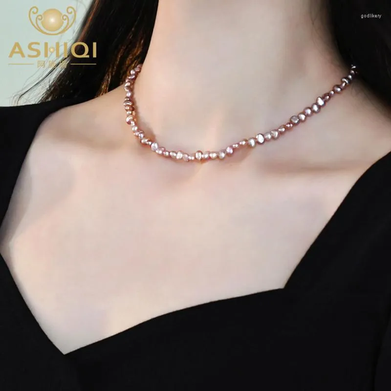Correntes Ashiqi real 925 prata esterlina natural 3-4 mm jóias de colar de gargantilha de pérolas barrocas para mulheres
