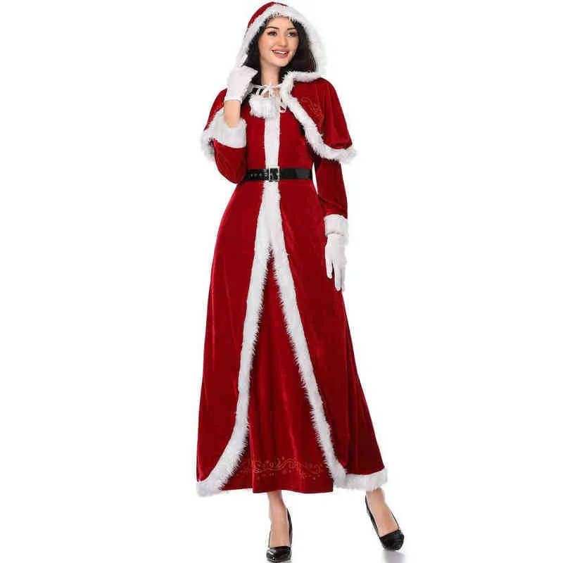 Stage Wear Luxury Velvet Christmas Santa Claus Come Party Comes Adults Women Cosplay Long Red Dress Christmas Hat Dress Gloves Belt T220901