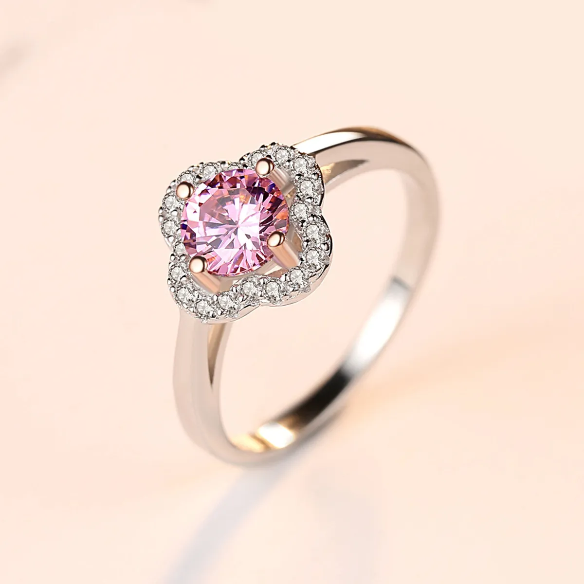 新しい豪華なピンクの宝石花S925シルバーリング女性ジュエリーマイクロセット光沢のあるジルコンエクサイトリングアクセサリーバレンタインデーギフト