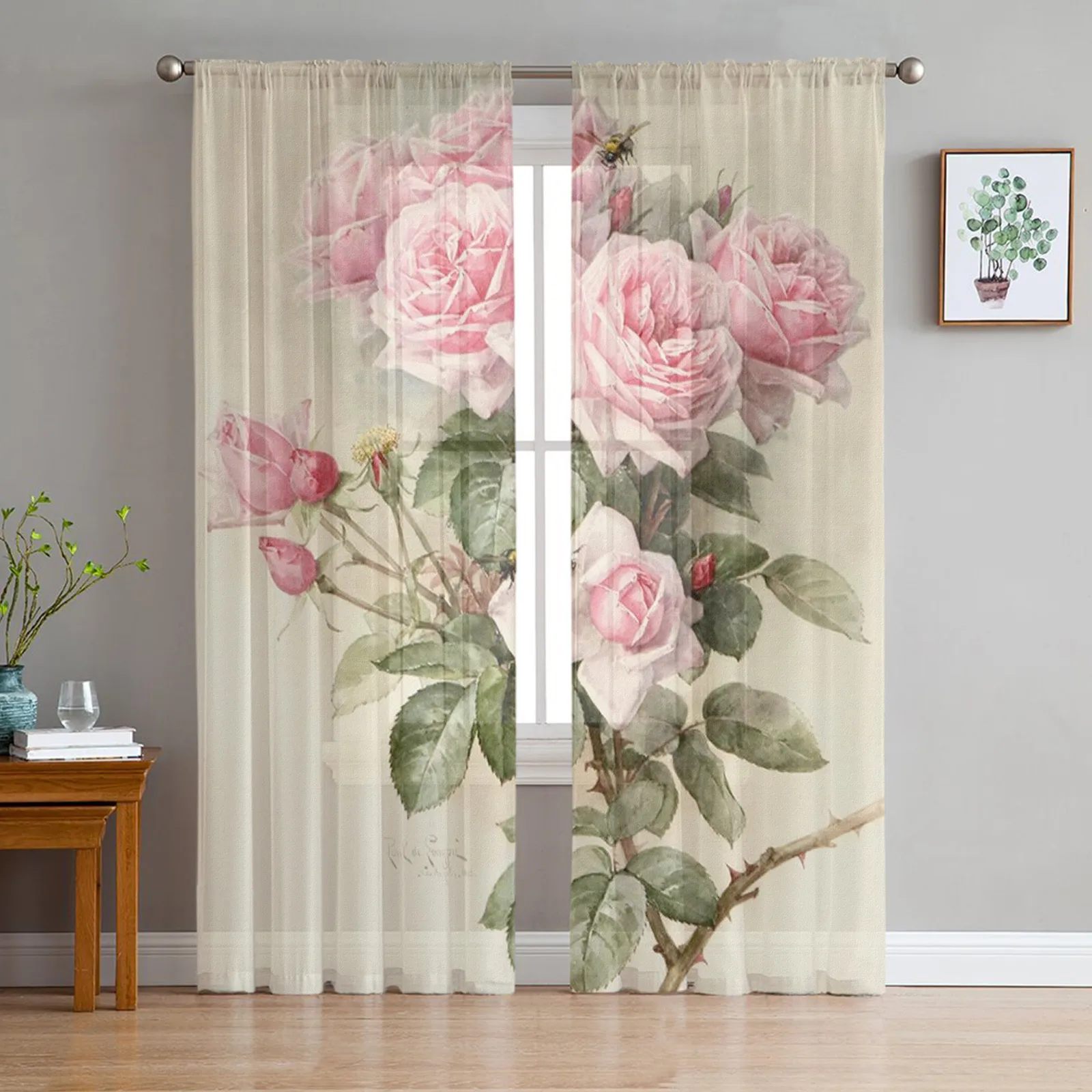 Curtain Pink Rose Vintage Tulle Window Curtain for Living Room Modern Sheer Curtain for Bedroom Kitchen Drapes Custom 221022