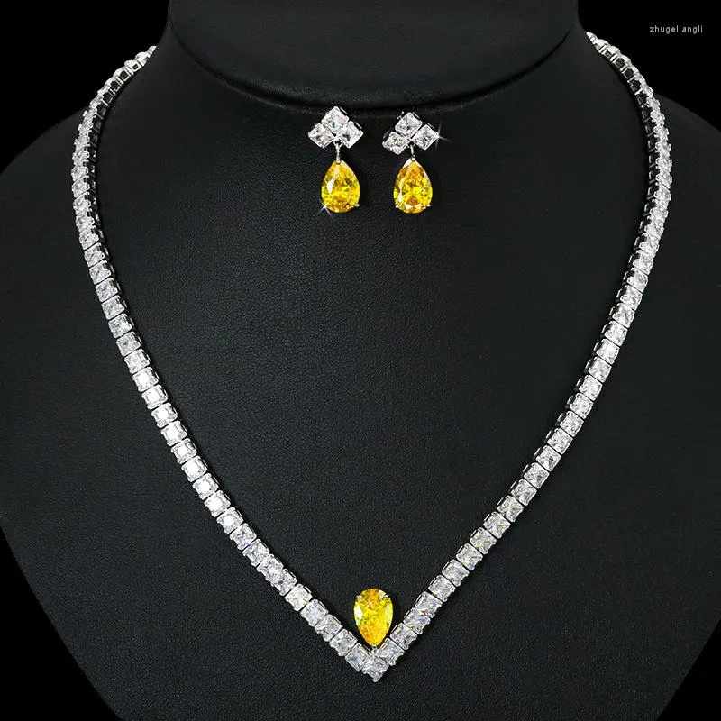 Necklace Earrings Set 2022 Shiny Yellow Cubic Zirconia Stone Water Drop And For Women Party Dress Jewelry Accessory Wholesale