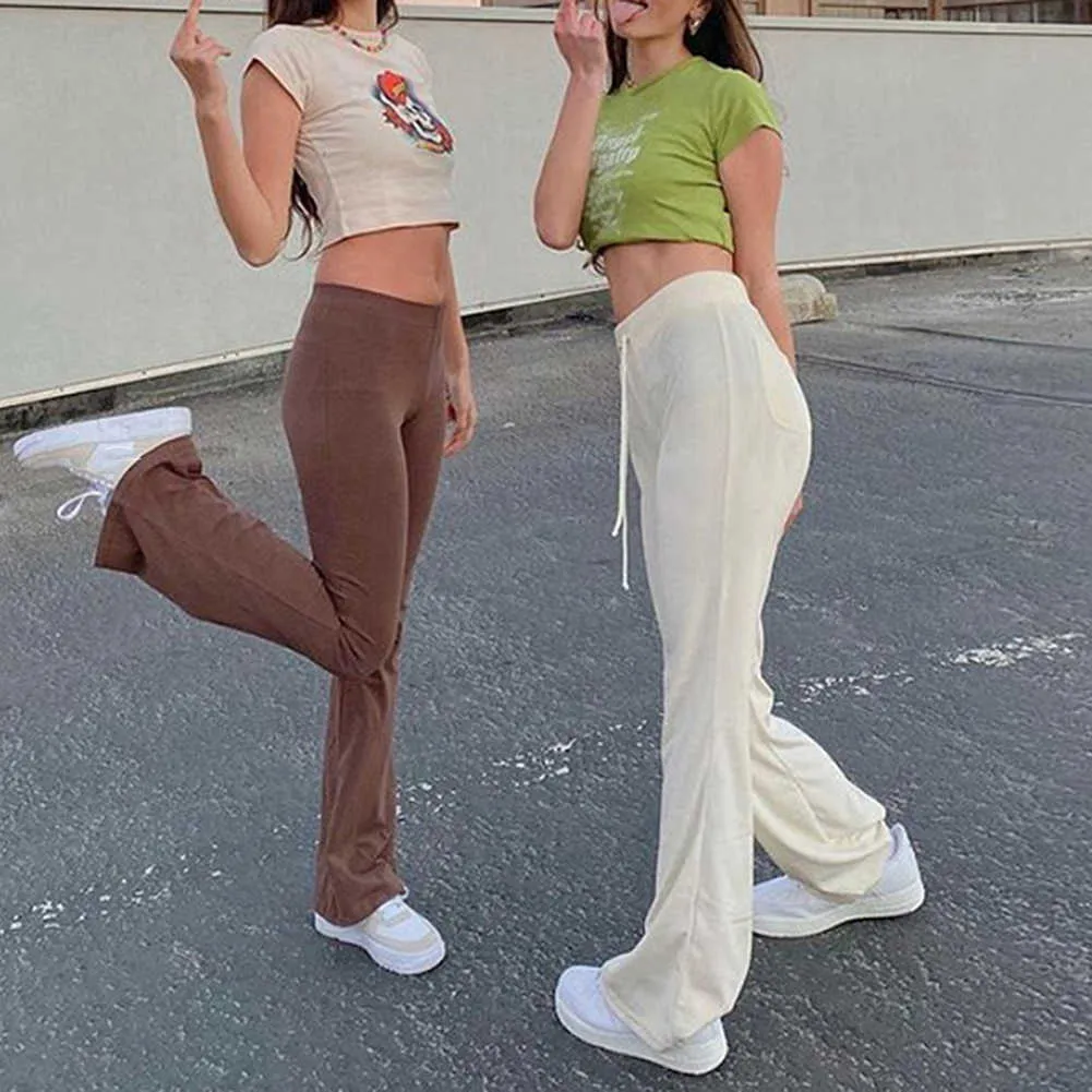 Women's Pants Capris YiYiMiYu 2021 Y2K Streetwear High Waist Velvet Flare Pants 90s Aesthetics Drawstring Full Length Trousers Jogging Casual Pants T221024