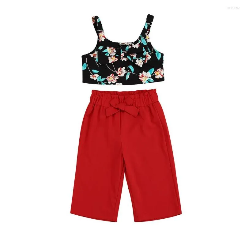 Clothing Sets 2Pcs Kids Summer Tracksuit Floral Print Sleeveless Crop Tops Solid Color Loose Pants Suit For Girls 2-7 Years