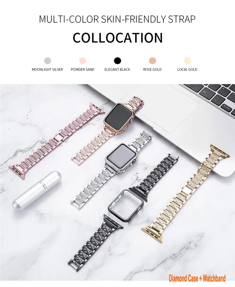 Newways SmartWatch Cases Compatible för Apple Watch Band Series 8 7 SE 6 5 4 3 2 1 Band 38mm 41mm 40mm Sparkling Bling Diamonds Armband Iwatch 45mm 42mm Band Womens