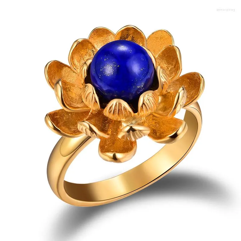Pierścienie klastra Lotus zabawę Real 925 Sterling Srebrny Naturalny niebieski lapiz ręcznie robiony designerski grzywna biżuteria kwitnąca kwiat Kobiet Bijoux