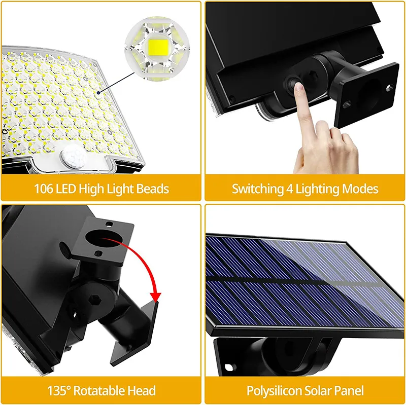 Solar Wall Lights Outdoor 106 LED Super Bright Motion Sensor Strong Power LED Garden Wall Lamp IP65 Waterproof 3 Working Modes