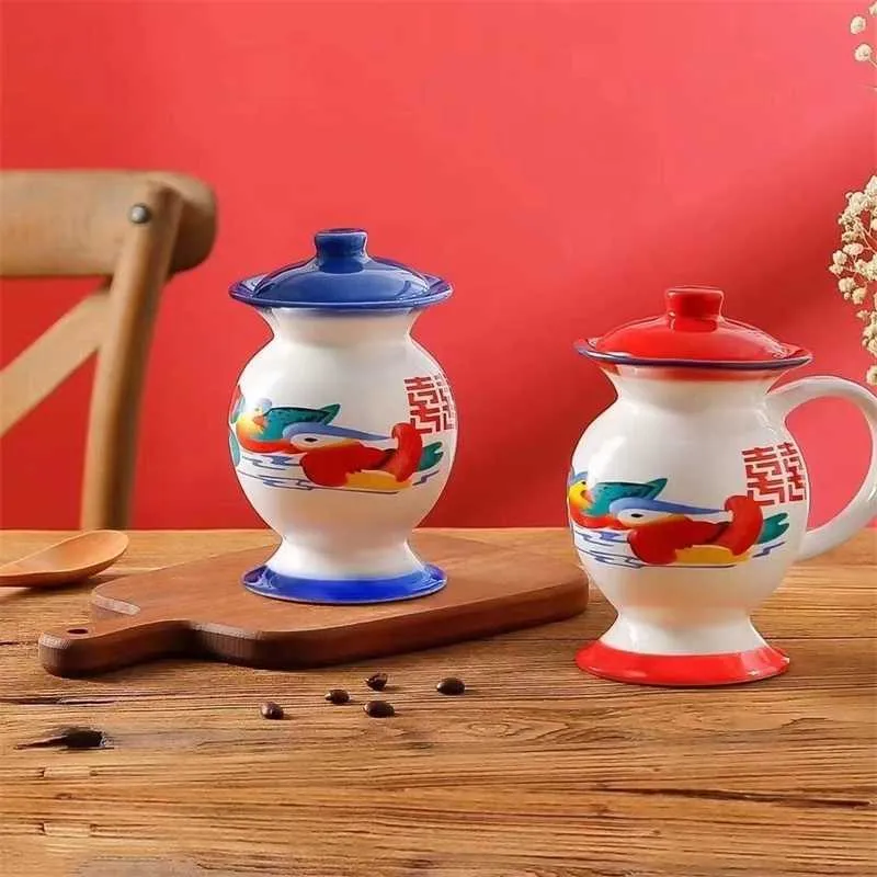 Mokken keramische grappige spuugs cup Chinese stijl dubbel geluk mandarijn eend huwelijk geschenken nostalgische retro mok creatief water y2210