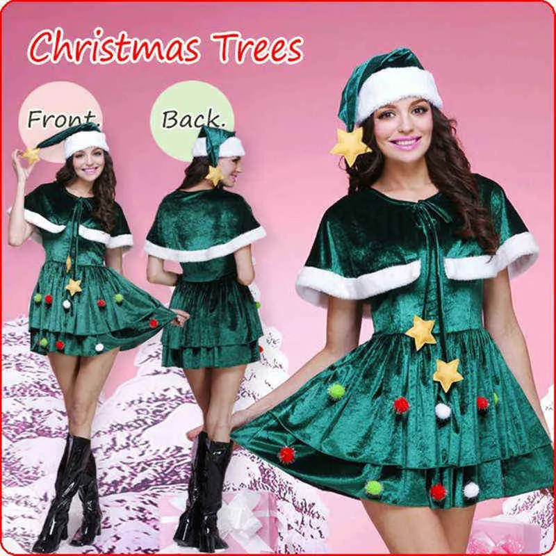 ステージウェアクリスマスの女性カムコスプレクリスマスツリークリスマスパーティードレス付き帽子衣装の女の子スカート2021新しいT220901