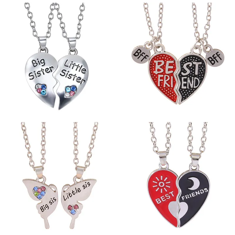 Fashion splicing good freind pendant necklace designer jewelry Silver Plated Big Sis Little Sister Letter Butterfly Heart Necklace Woman Friendship Gift 2pc/Set