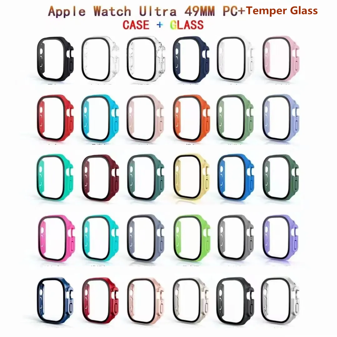 S8 ULTRA SMART LOTS CASES HARD PC CASE WATCH مع حامي شاشة الزجاج HD HD لسلسلة Apple Watch 7 8 حجم 49 مم 45 مم 41 مم