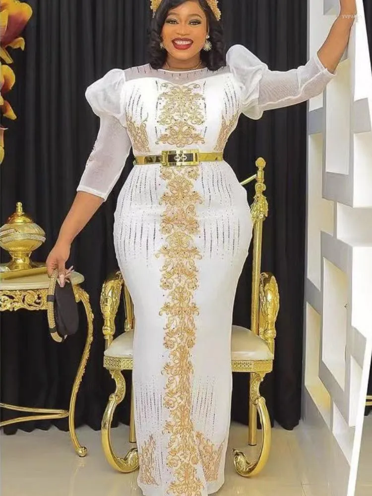 Grande taille robes de luxe fête O cou lanterne manches diamants taille haute longue bal soirée Cocktail événement paillettes tenues 2022