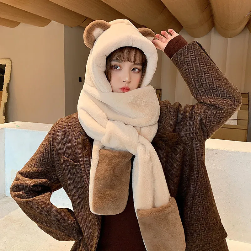 Chapeaux Foulards Ensembles 3pcsset Épaissie Ours Écharpe Chapeau Gant Femmes Mignon Japonais Kawaii Hiver En Peluche Tout-en-un Gants Chauds À Capuche 221110