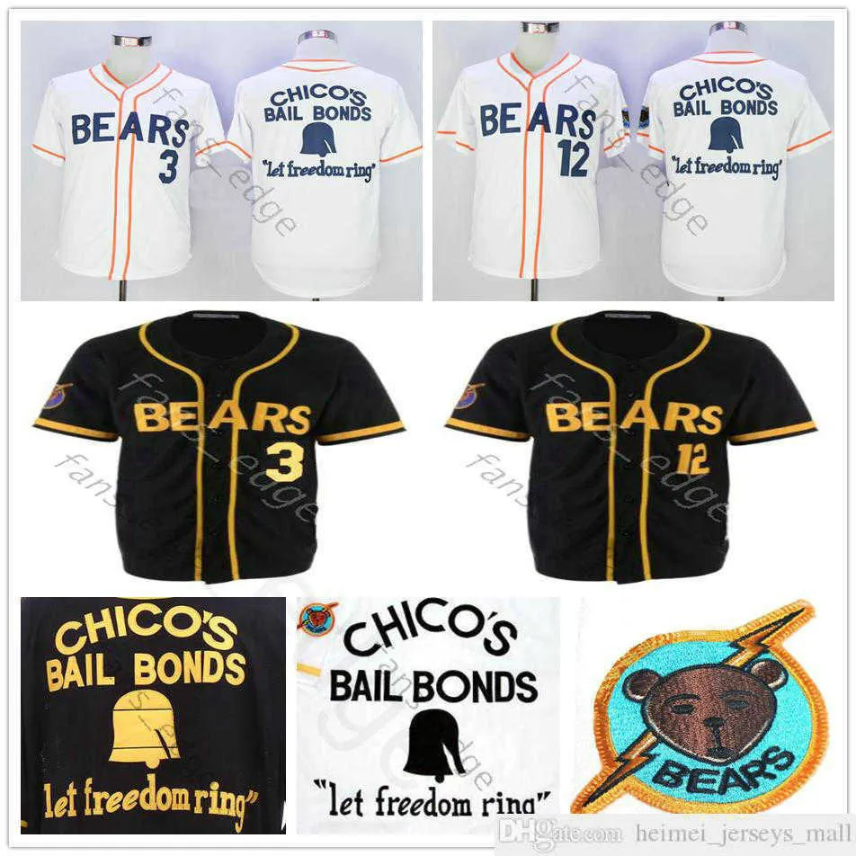 Bad News Bears Jersey Movie 1976 Chico's Bail Bonds 3 Kelly Leak 12 Tanner Boyle Béisbol Blanco Negro Bordado Jerseys Hombres Venta