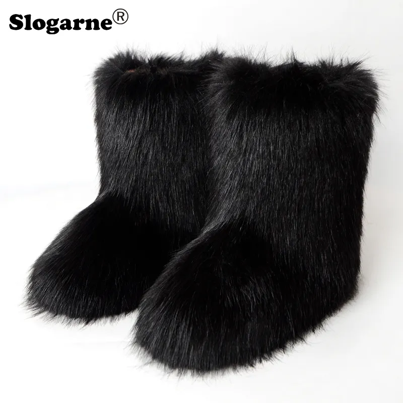 Boots Winter Snow Outdoor Luxury Furry Faux Fur Woman Plush Warm Platform Shoes Fashion Bottes Big Size 44 221022