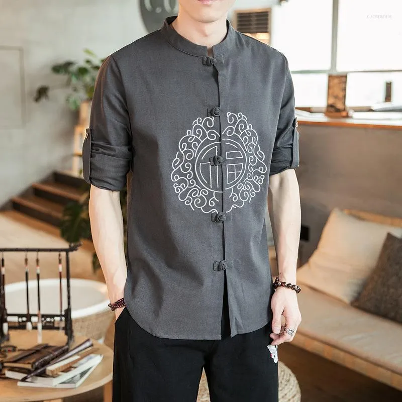 Ethnic Clothing 5colors Spring Chinese Style Print Qipao Button Shirts Men Cotton Linen T-Shirt Casual Long Sleeve Blouse Zen Tang Tops