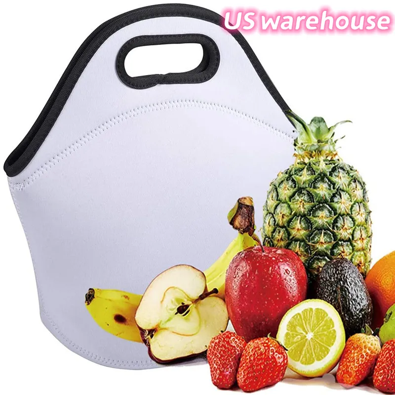 US warehouse Sublimation Neoprene Lunch Bag Blank DIY student insulation Handbags Waterproof Lunch Box With Zipper for Adults Kids Z11