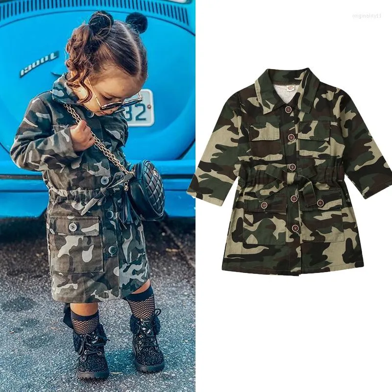 Płaszcz malucha dziewczyny jesienne ubrania z długim rękawem Casual Camuflage Kurtka podnośna sukienka Windbreaker 1-7y