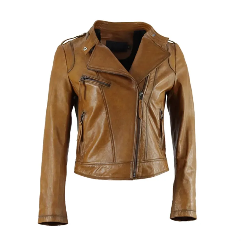 Fashion Street Women Real Sheep Skin Leather Jacket Ginger Color äkta läder Korta motorcykeljackor