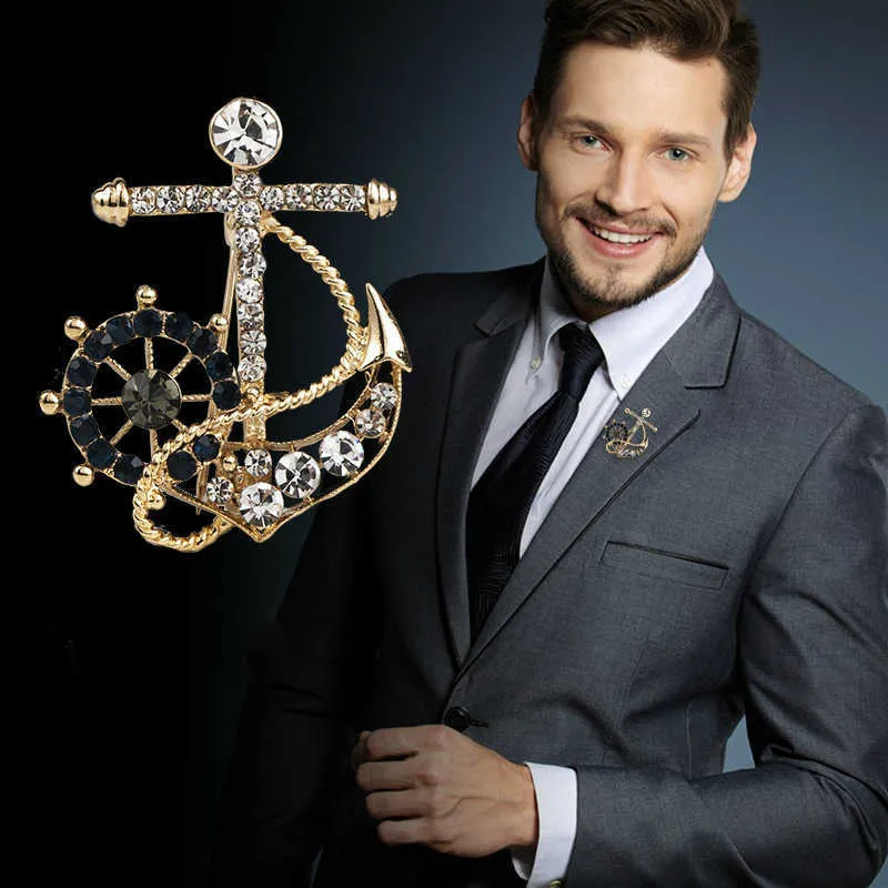 Korean Fashion Brooches Crystal Rhinestone Anchor Rudder Brooch Pins For Men's Suit Shirt - Buy...