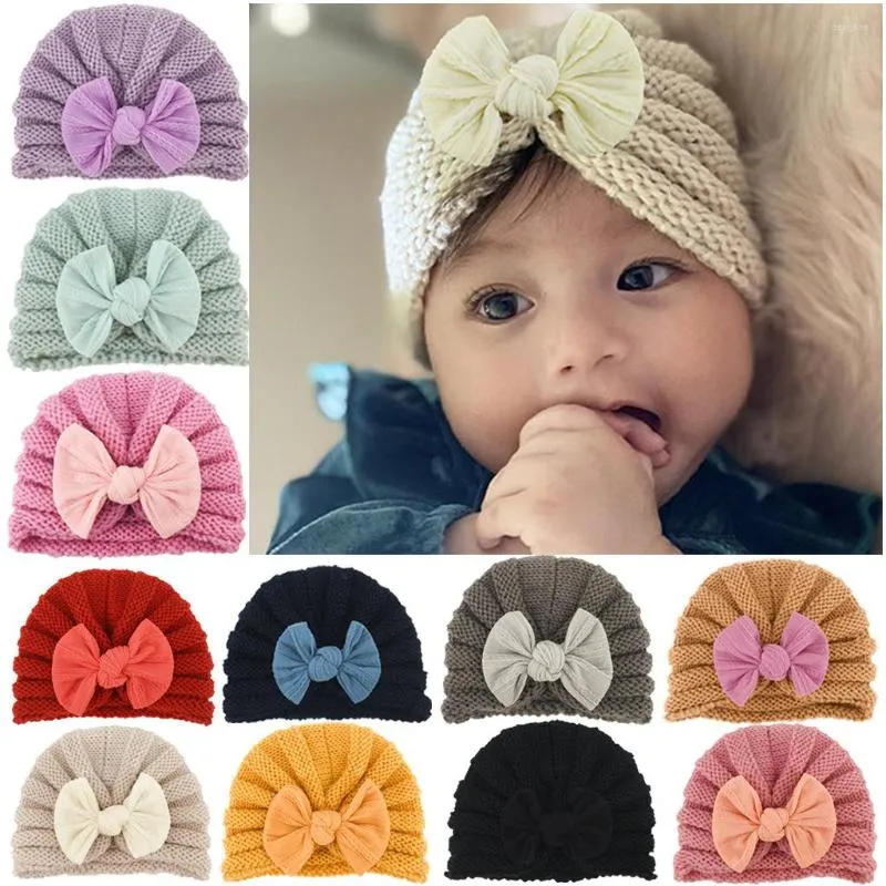 Hüte 2022 Wolle Häkeln Stricken Turban Hut Säugling Kleinkind Gestreifte Bowknot Kopf Wraps Born Bonnet Beanies Caps Für Baby Mädchen jungen