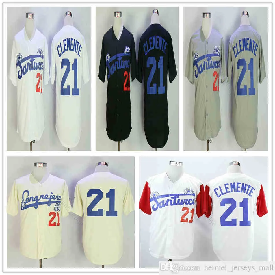 Roberto Clemente # 21 Santurce Crabbers Puerto Rico College Baseball Jerseys Stitched University Baseball Jersey Shirt Blanc Gris Noir