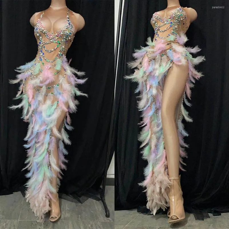 Stage Wear Sparkly Print Feather Long Dress Drag Queen Costume Prom Compleanno Celebrare Sexy Outfit Rosa Elegante