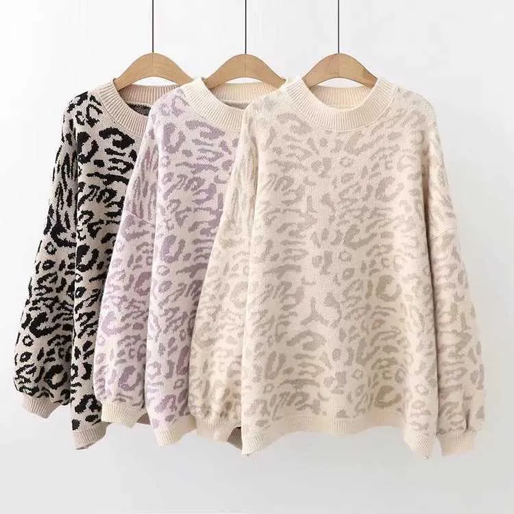 Women's Knits Tees 2020 New Women's sweater Autumn And Winter Knitted Loose Leopard Round Neck Pullover Long Lantern Sleeve Sweater T221012