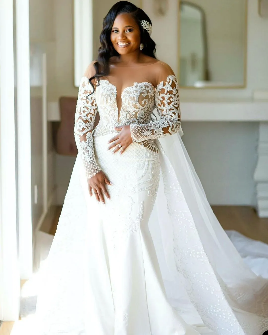 Curvy Mermaid Wedding Dress with Illusion Jewel Neckline, Long Sleeves, Lace Appliques, Crystal Beads, and Overskirt - Customizable Plus Size Country