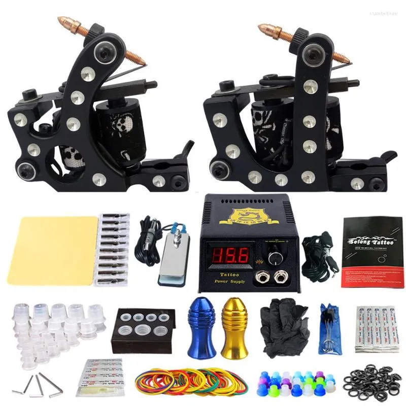 Kits de pistolas de tatuaje Solong Chine Gun Machine Set Fuente de alimentación Pedal de pie Agujas Empuñaduras Suministros para artes corporales TK202-20