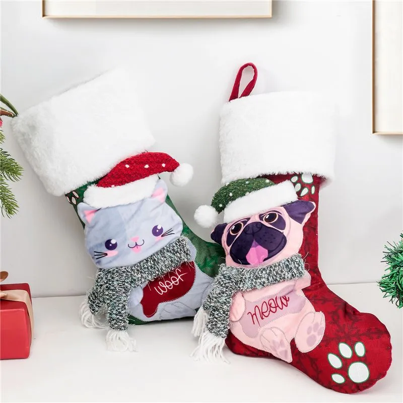 Cat Dog Christmas Stocking Handgjorda Xmas eldstad hängande strumpor dekoration för familjens säsongssäsongparti Dekor RRA460