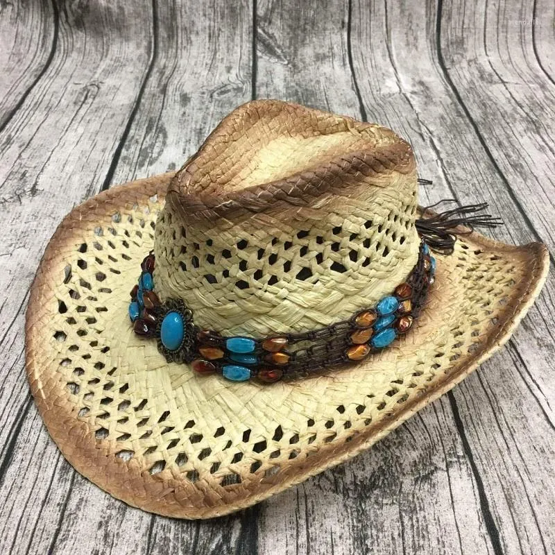 Berets Sommer Männer Handmake Raffia Hohl Cowboy Hut Mit Punk Seil Frauen Western Breite Curling Krempe Kappe Sonnenschutz Unisex Hüte