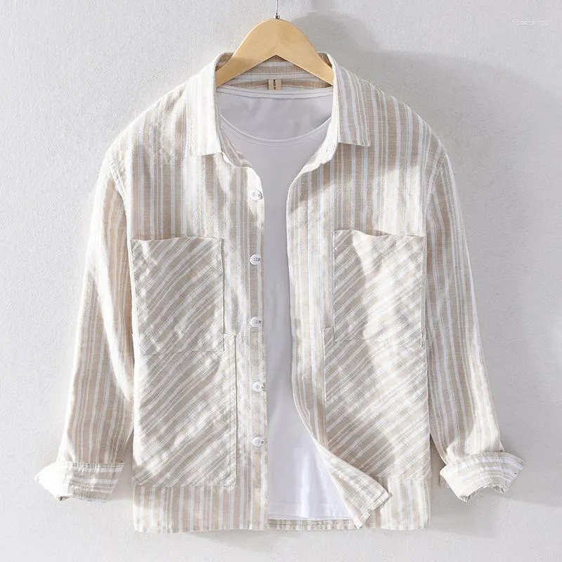 Camisas casuais masculinas 9330 Homem de camisa listrada de algodão Faixa de linho de algodão Japão Trendência simples Trendência All-Match Slave Longa Double Double