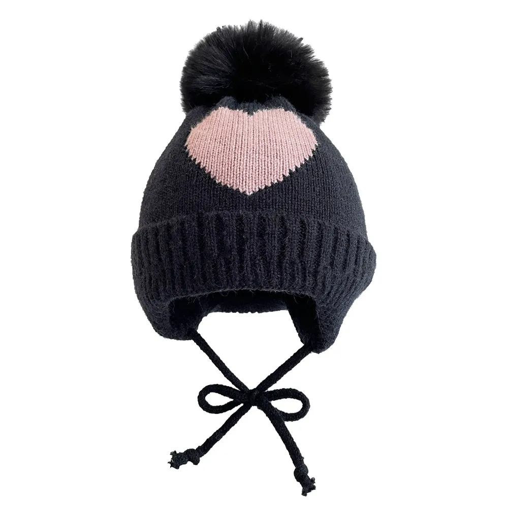 Children`s Hat Beanie Jacquard Love Winter Warm Knitted Hat Baby Hair Ball Ear Cap