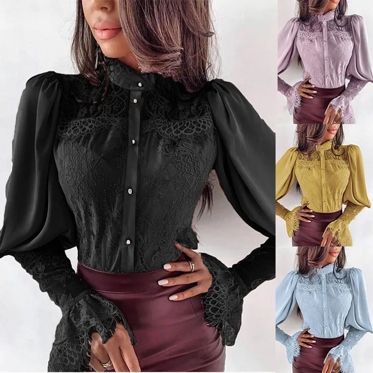 Fashion Womens Tops and Blouses Elegant long sleeve OL Lace Shirt Ladies Slim Bodycon Blusa Feminina Office Lady Wear Clothes