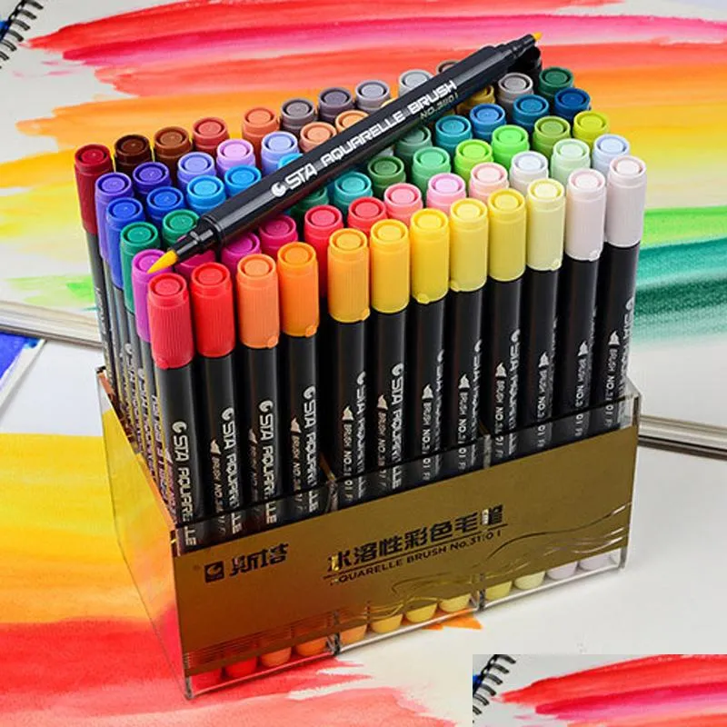 Markers Sta Dual Brush Water Based Art Marker Pens With Fineliner Tip 12 24 36 48 Color Set Watercolor Soft Markers For Artists Ding Dhqn4