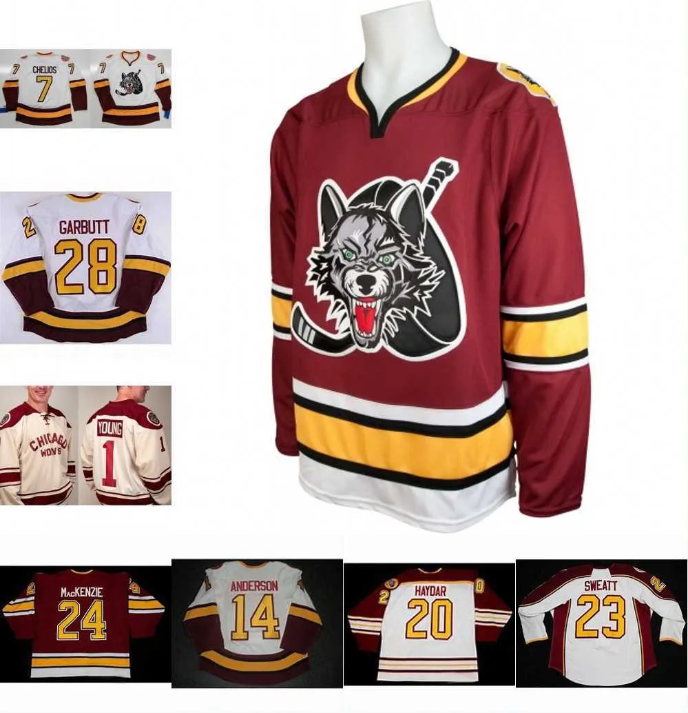 Wolves 7 Chelios 14 Matt Anderson 25 Faxel 20 Darren Haydar 1 Young 28 Ryan Garbutt Mens Womens Youth 100% Borduurhoofdshockey jersey