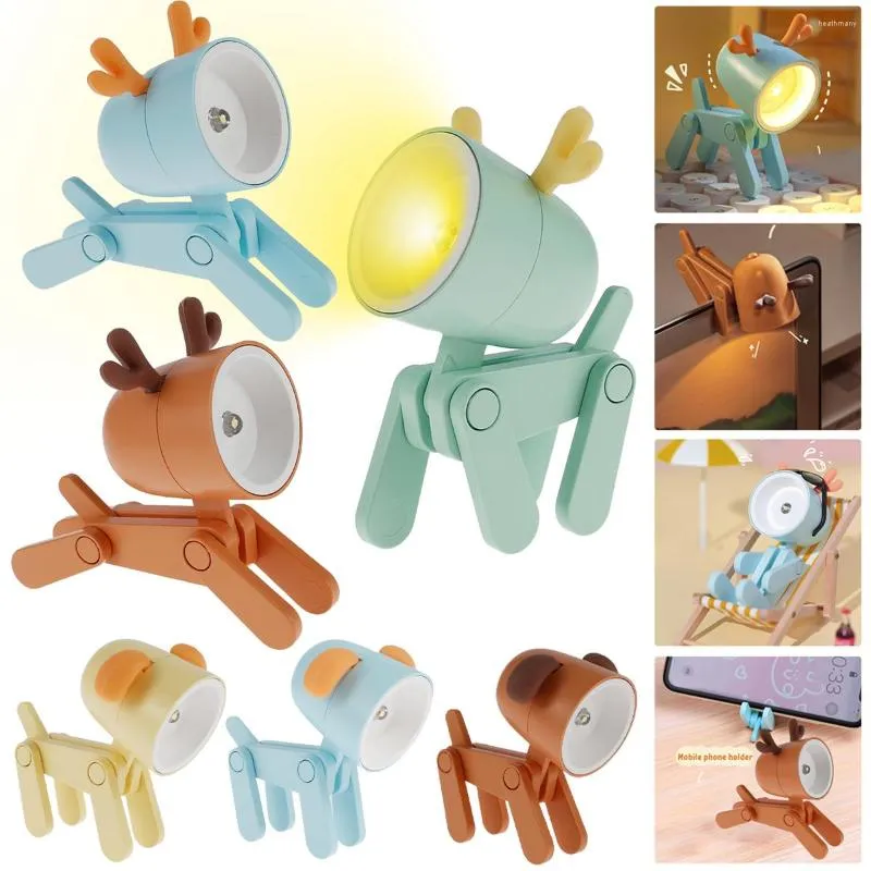 Luci notturne 3Pcs Mini Lampada da tavolo a LED a forma di animale Luce riutilizzabile Batteria da tavolo per lettura di cani e cervi