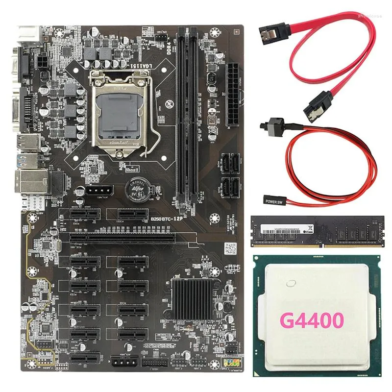 Moderbrädor BTC-B250 Mining Motherboard stöder 12 GPU LGA1151 G4400 CPU DDR4 8G 2133 MHz Memory SATA Cable Switch