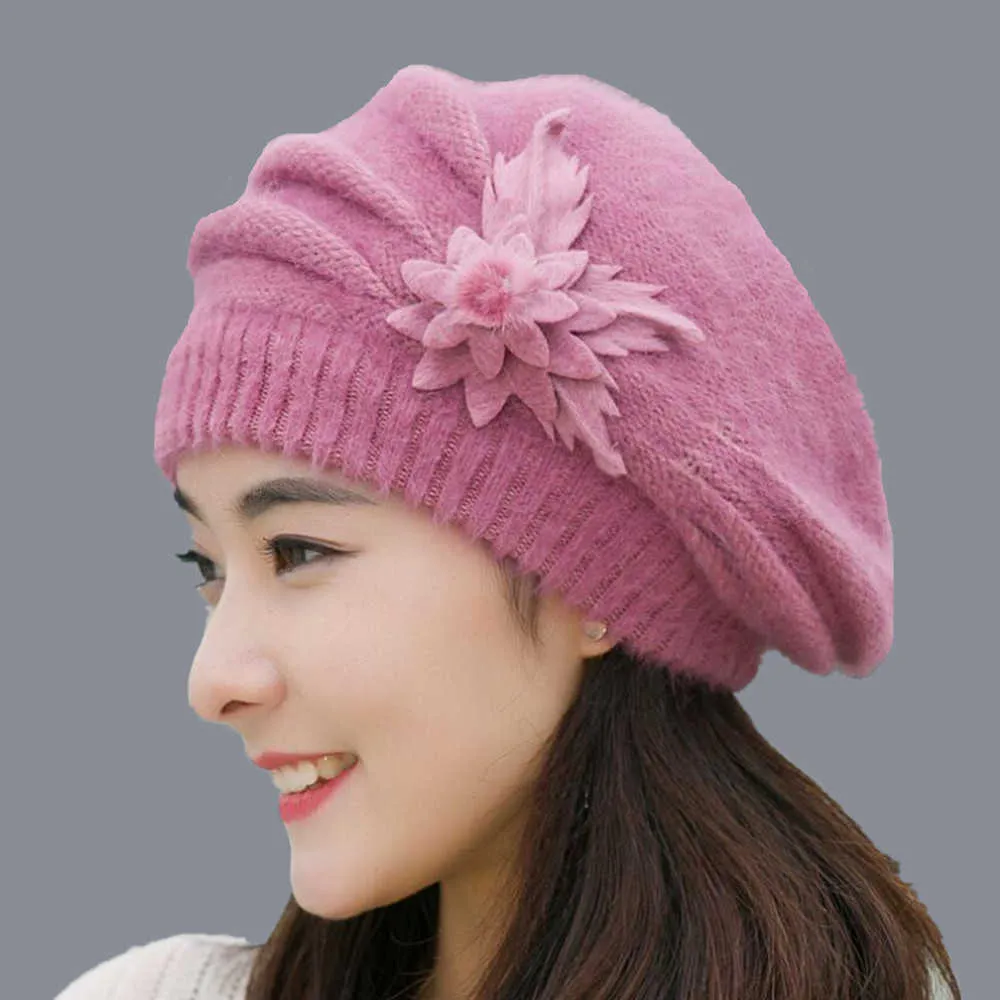 Beanie/Kafatası Kapakları 2018 Kış Tavşanı Kürk Kürek Şapkası Kadın Beanie Bir Parçalı Çiçekler Kış Yün Kapağı Kadın Giyim Seti T221020