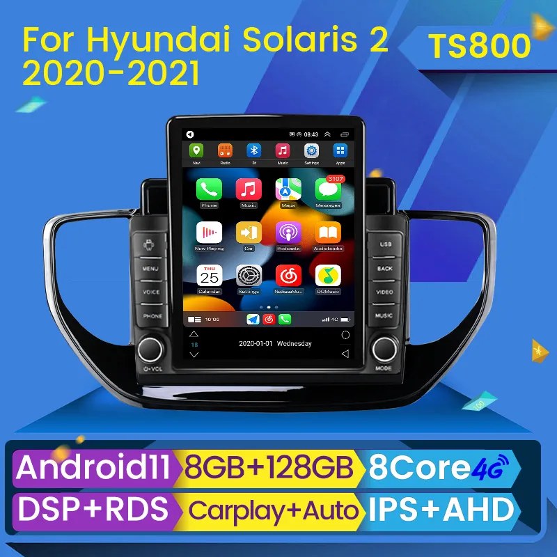 Hyundai Solaris Accent 용 자동차 DVD 비디오 플레이어 CarPlay Android 11 2 II 2020-2021 멀티미디어 스테레오 네비게이션 GPS 라디오