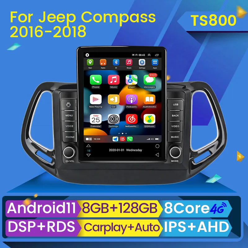 CAR DVD Radio Multimedia Video Player Android 11 för Jeep Compass 2 MP 2016-2018 Tesla Type Navigation GPS RDS 2 DIN DVD
