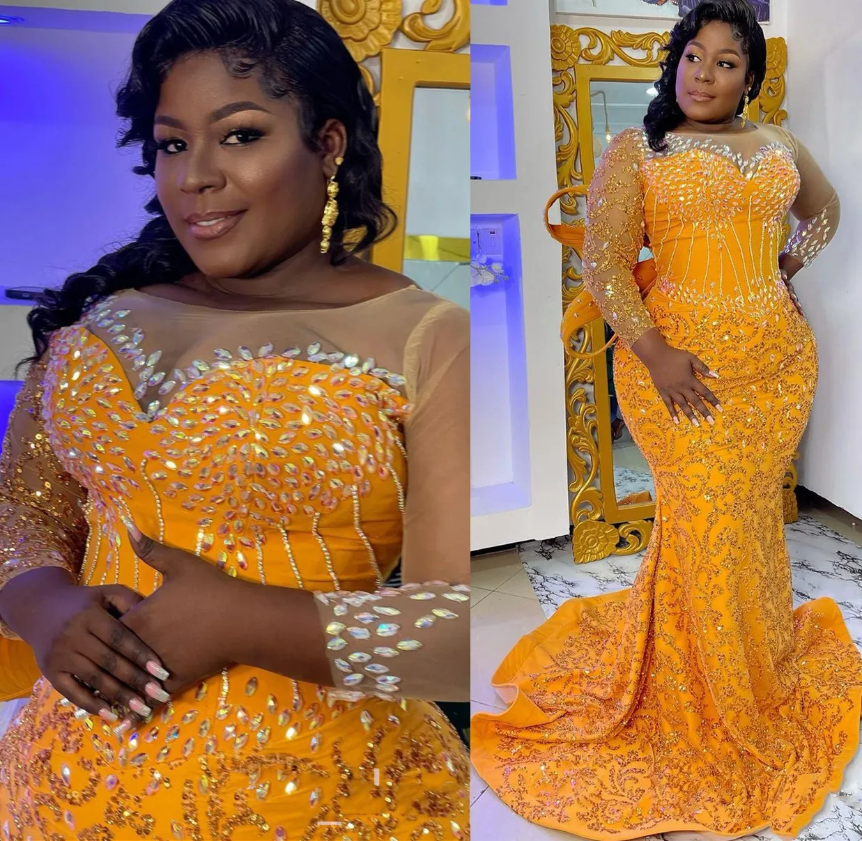 Yellow Beaded Arabic Mermaid Yellow Prom Dresses 2023 With Crystals