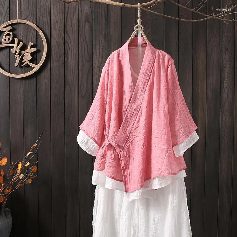 ألوان الملابس العرقية الصينية التقليدية من الكتان القطن القطن hanfu للنساء غير الرسمي القميص الفضفاضة القميص الرجعية الرجعية الأنيقة Zen clothet