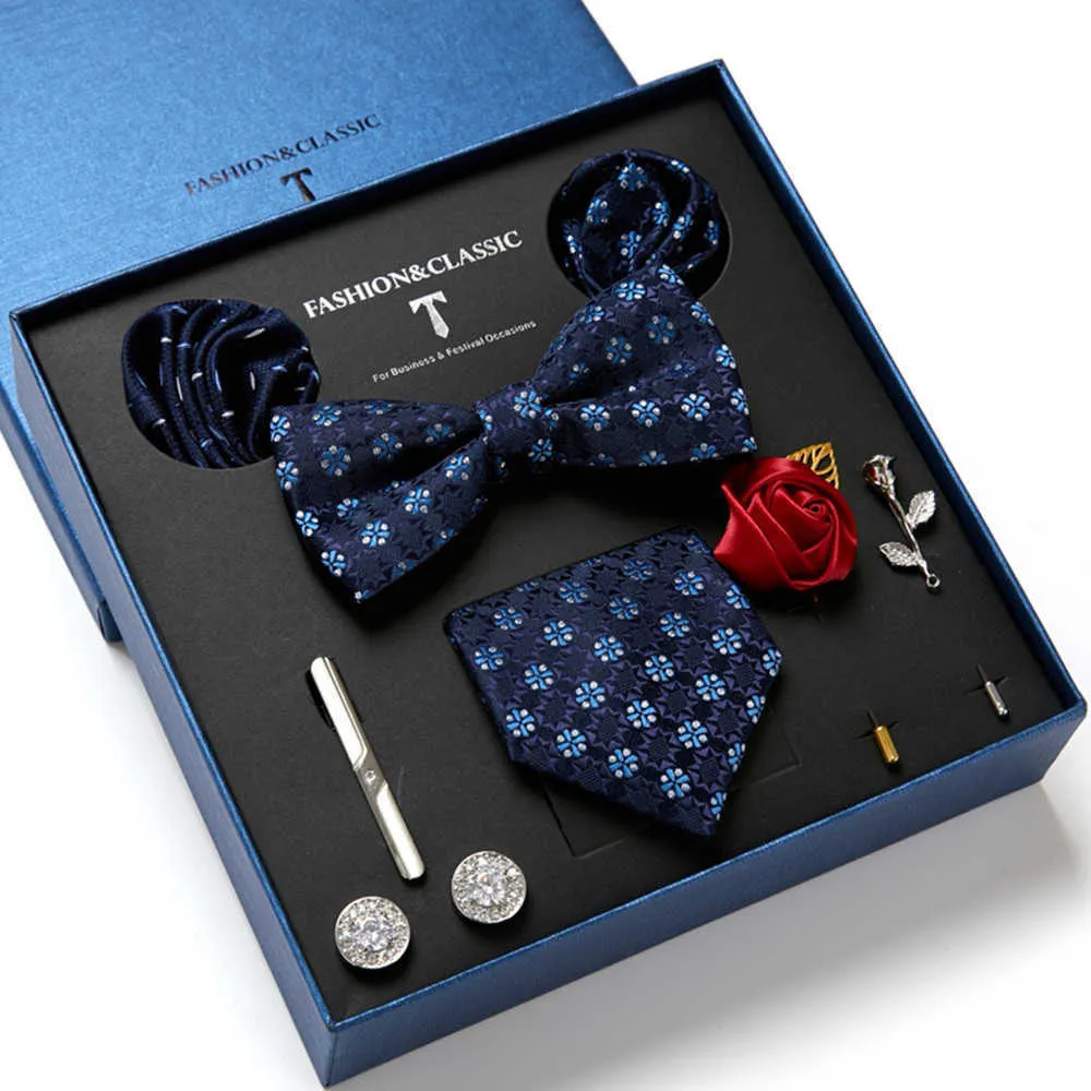 Bow Ties Men's Tie Set Gift Box With Necktie Bowtie Pocket Square Cufflinks Clip Brooches 8pc Suit For Wedding Party Busniess Tie For Men L221022
